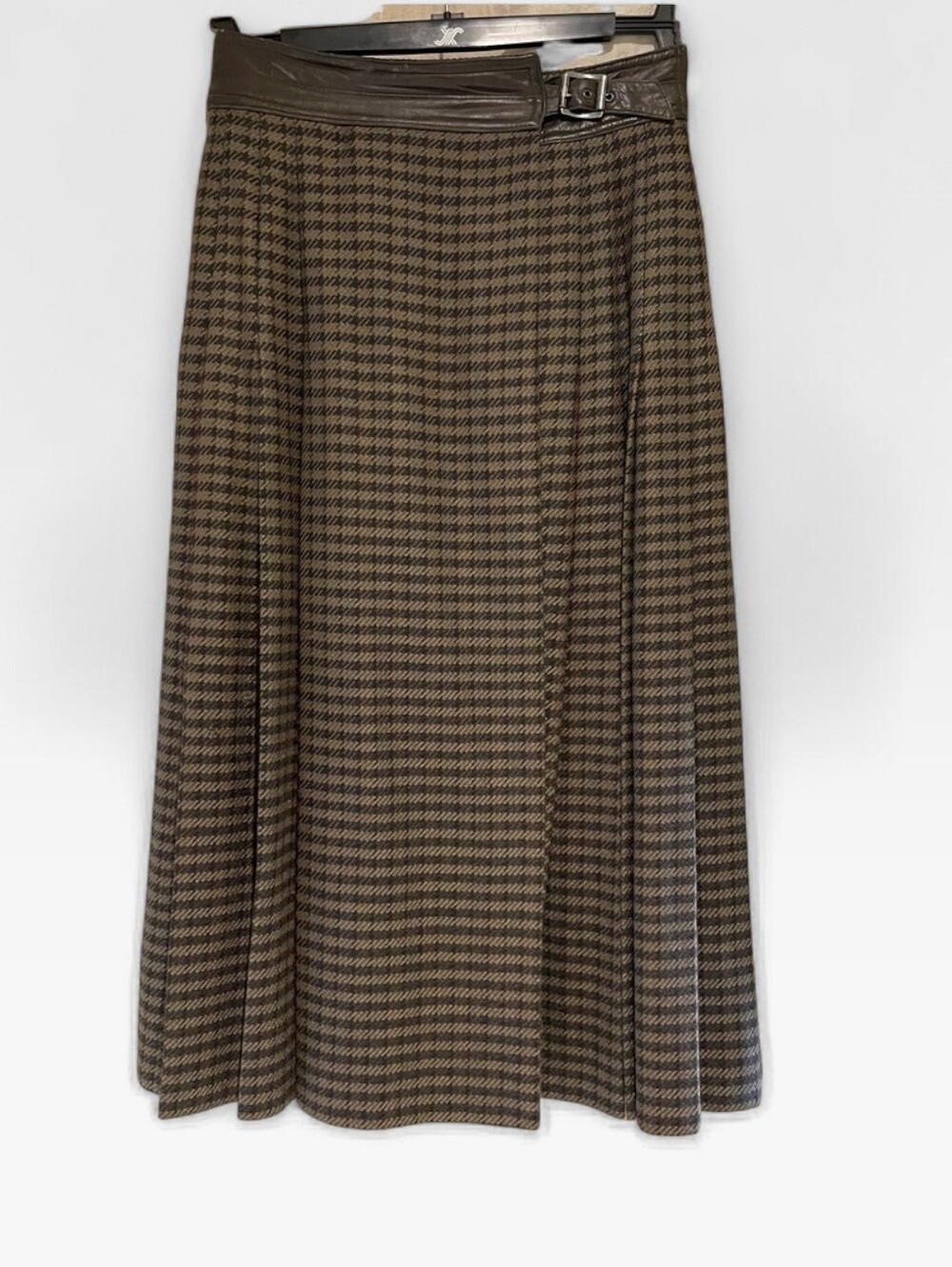 💫 Vintage Laurel by Escada Wool Houndstooth Pleated Skirt | Sz M | Leather Trim